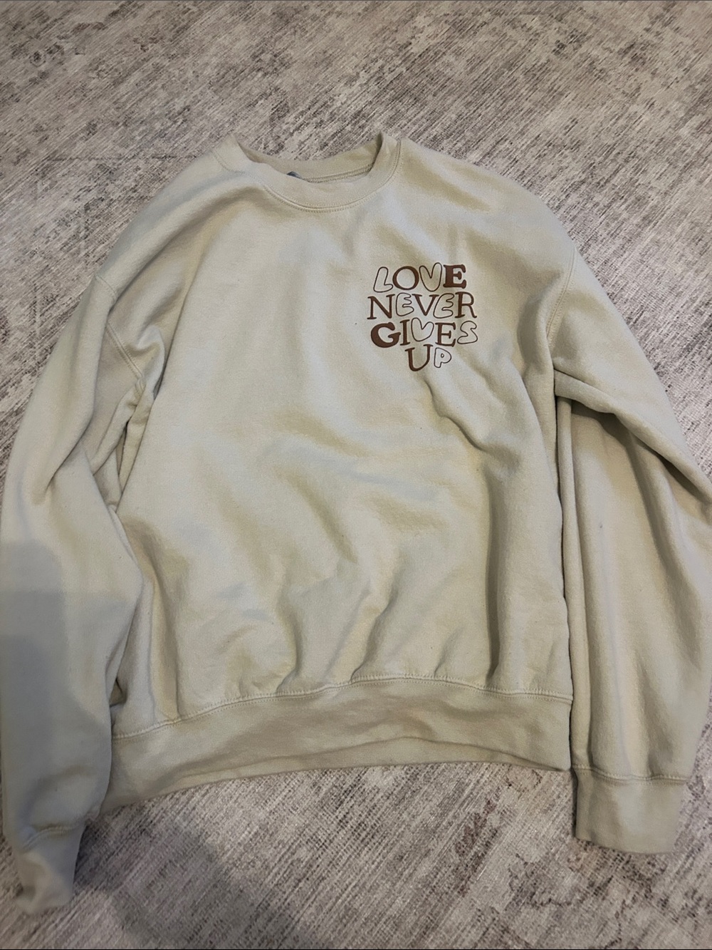 Crewneck Sweatshirt - cream and brown  "Love Never Gives Up"
